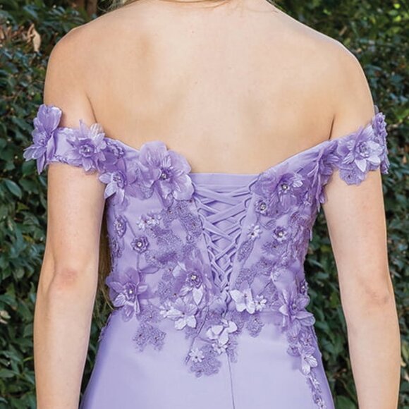 New Off Shoulder Long A-Line Floral Dress w/ Leg Slit & Lace Up Back DQ 4268 - Picture 5 of 9